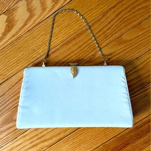 Vintage White with Gold Leaf Clasp Evening Clutch Purse
